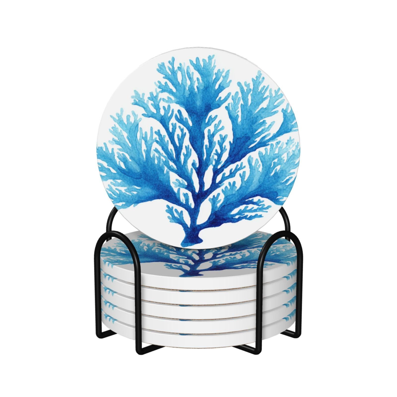 Watercolor Blue Coral Simple Ceramic Coasters with Holder 6ps