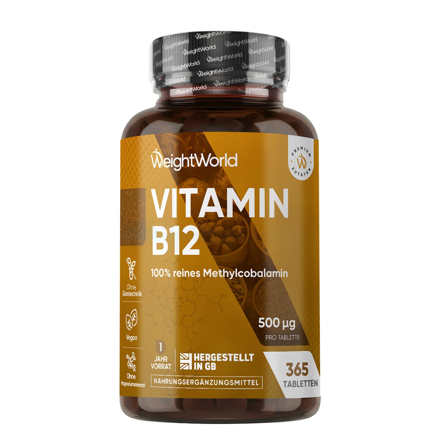 WeightWorld Vitamin B12-500mcg pro Tablette - 365 Tabletten für 1 Jahr | Reines Methylcobalamin, Vegan, Ohne Gentechnik, Vitamin B 12 trägt zur normalen Funktion des Nervensystems bei (EFSA)