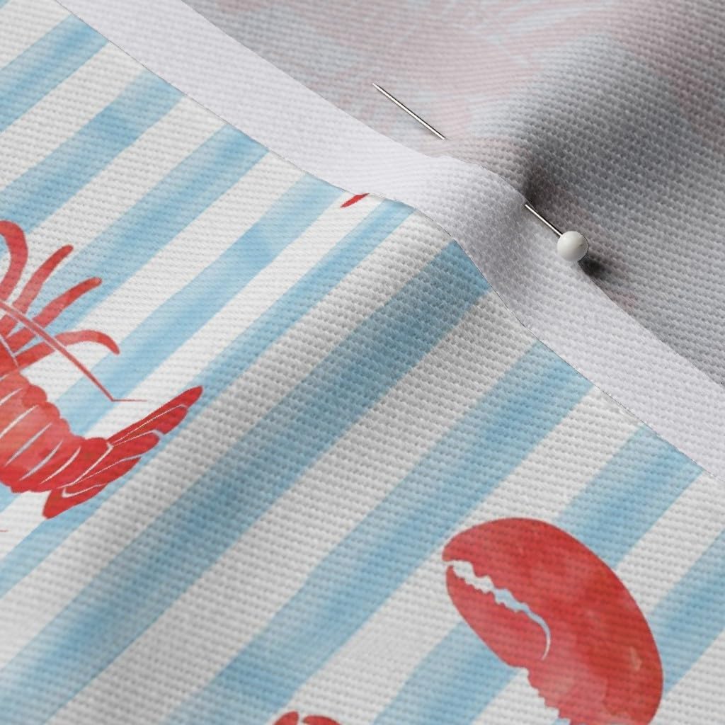 Spoonflower Fabric - Beach Nautical Summer Lobster Lobsters On Stripes Printed on Denim Fabric by The Yard - Bottomweight Apparel Home Decor Upholstery