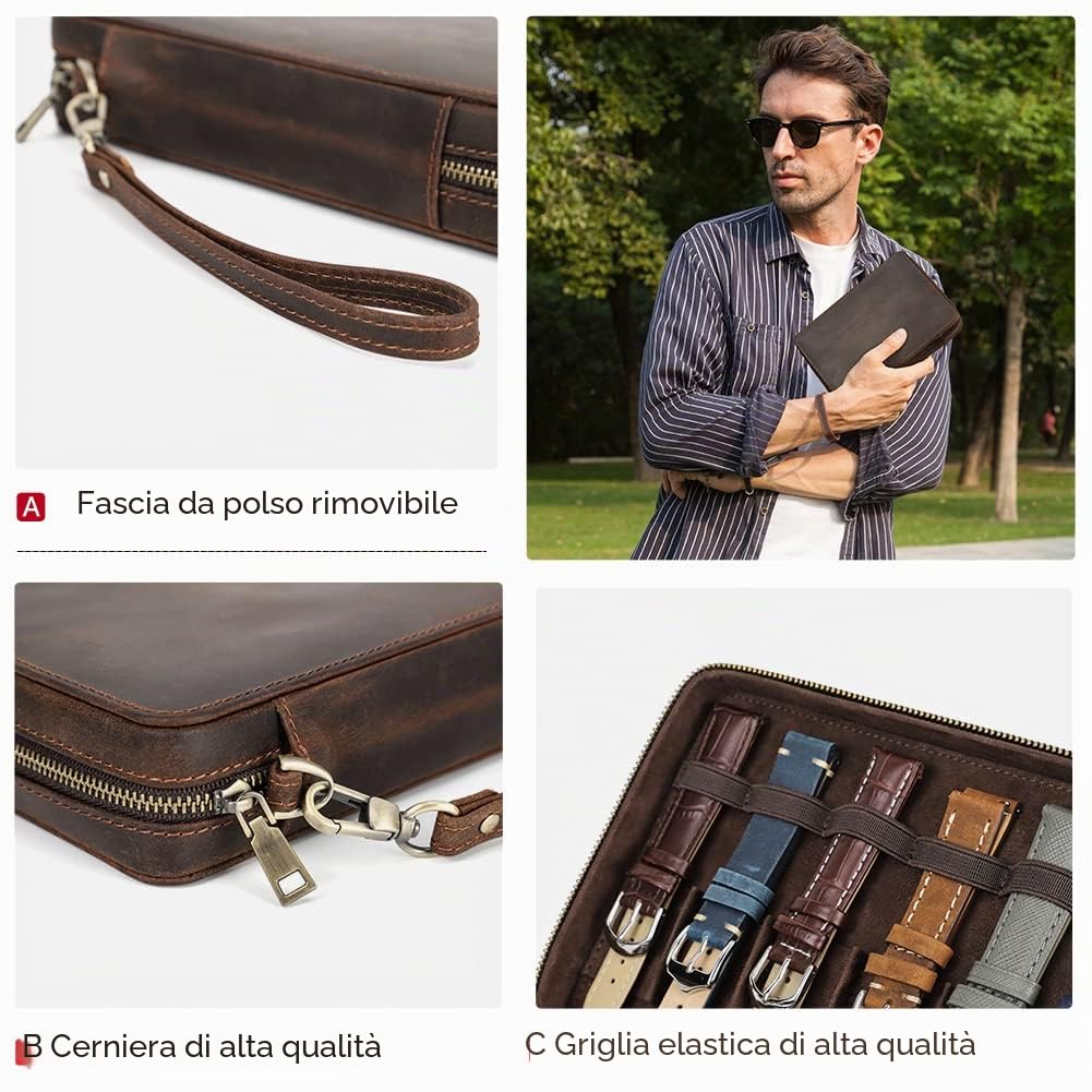 Contacts Custodia in vera pelle con cerniera per 12 cinturini per orologi, da viaggio, compatibile con tutte le serie di cinturini e accessori Apple Watch