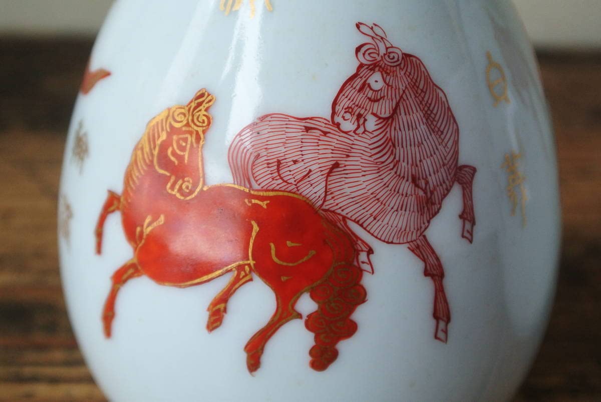 古伊万里 - | 時代古伊万里二重角福色絵漢詩馬文徳利一対保存箱 : 大型