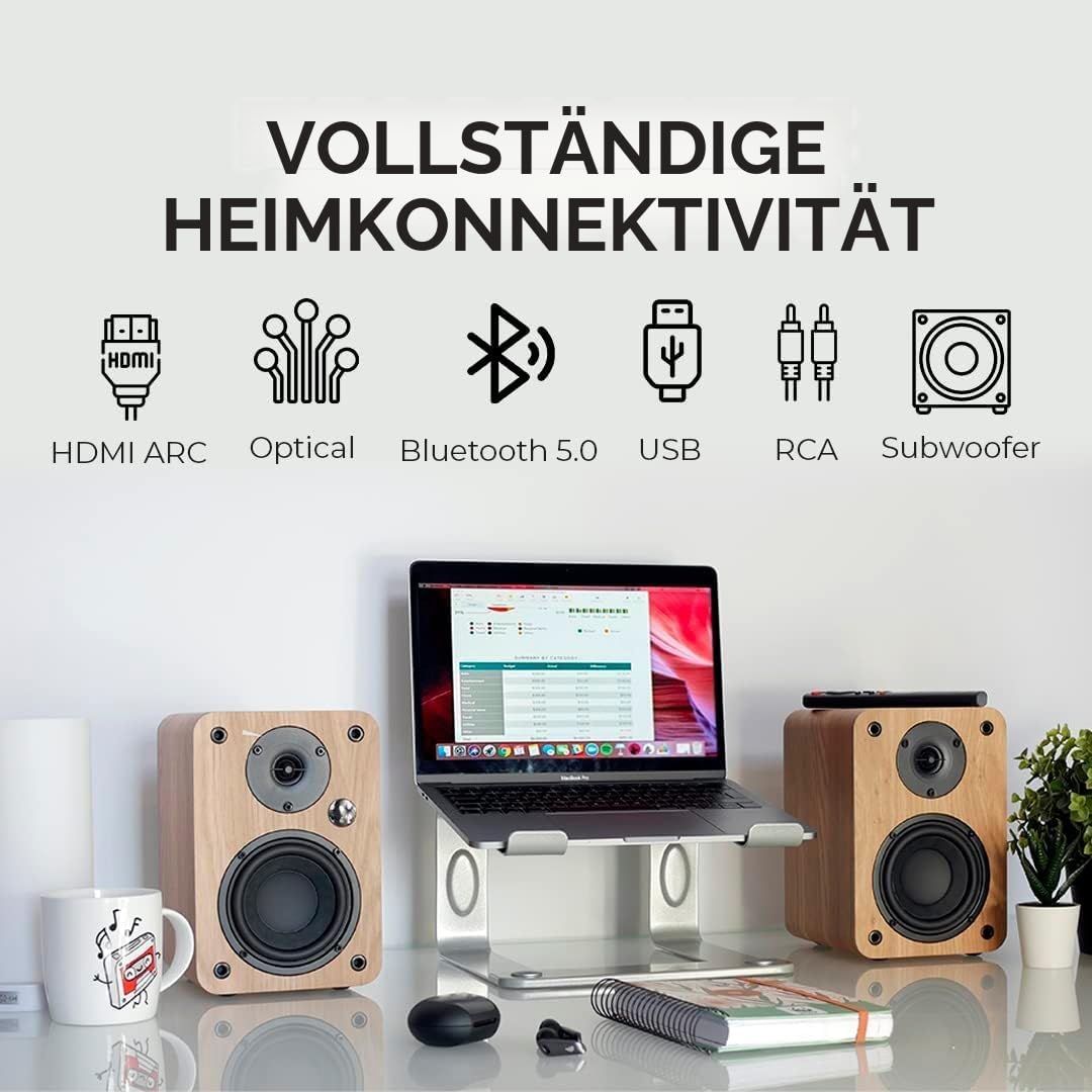 VULKKANO A4 ARC Aktivlautsprecher mit 4" Woofer, Bluetooth 5.0, HDMI ARC, Optica, RCA, USB, mit Subwoofer-Ausgang, Regallautsprecher mit elegantem Design, Braun