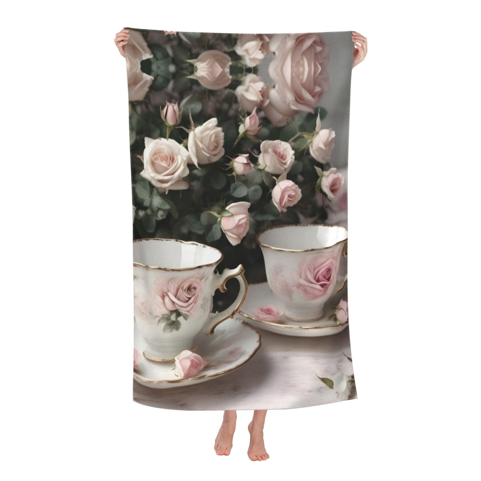 NImongt Tea Cups With Roses Romantic Shabby Print Oversized Adult Beach Towel For Travel Weekend Getaways Festivals Camping Trips