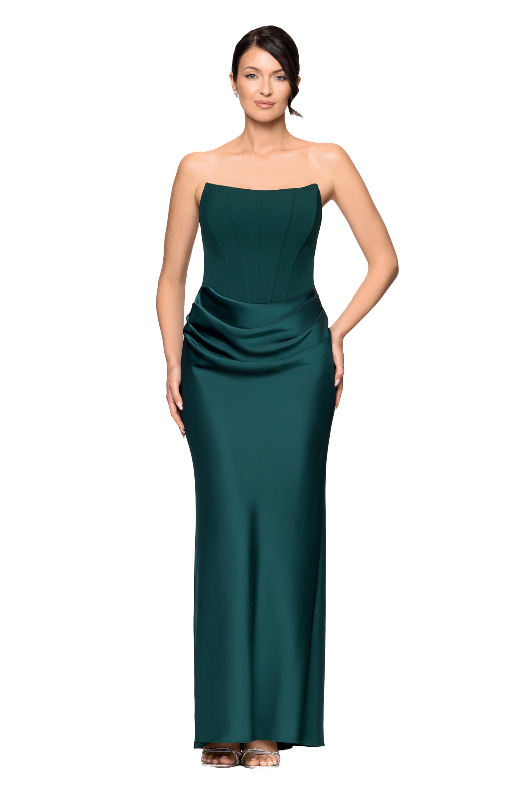 Betsy & Adam Women's Scuba Crepe Strapless Draped Satin Skirt Ruched Floor Length Dress