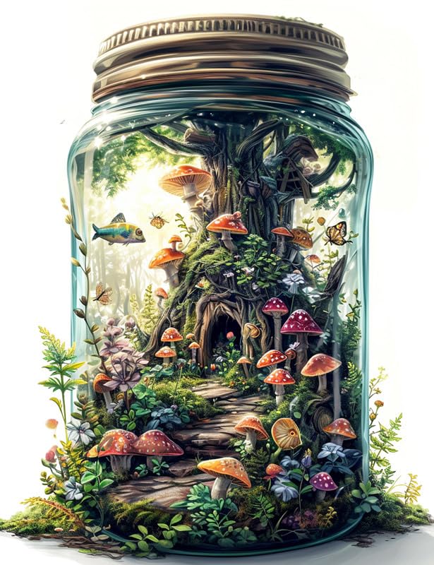 Image of Moohue Stamped Cross Stitch Kits for Adults Mushroom Bottle 14CT Pre Printed Cross Stitch Kits for Beginners (Mushroom Trees in a Bottle)