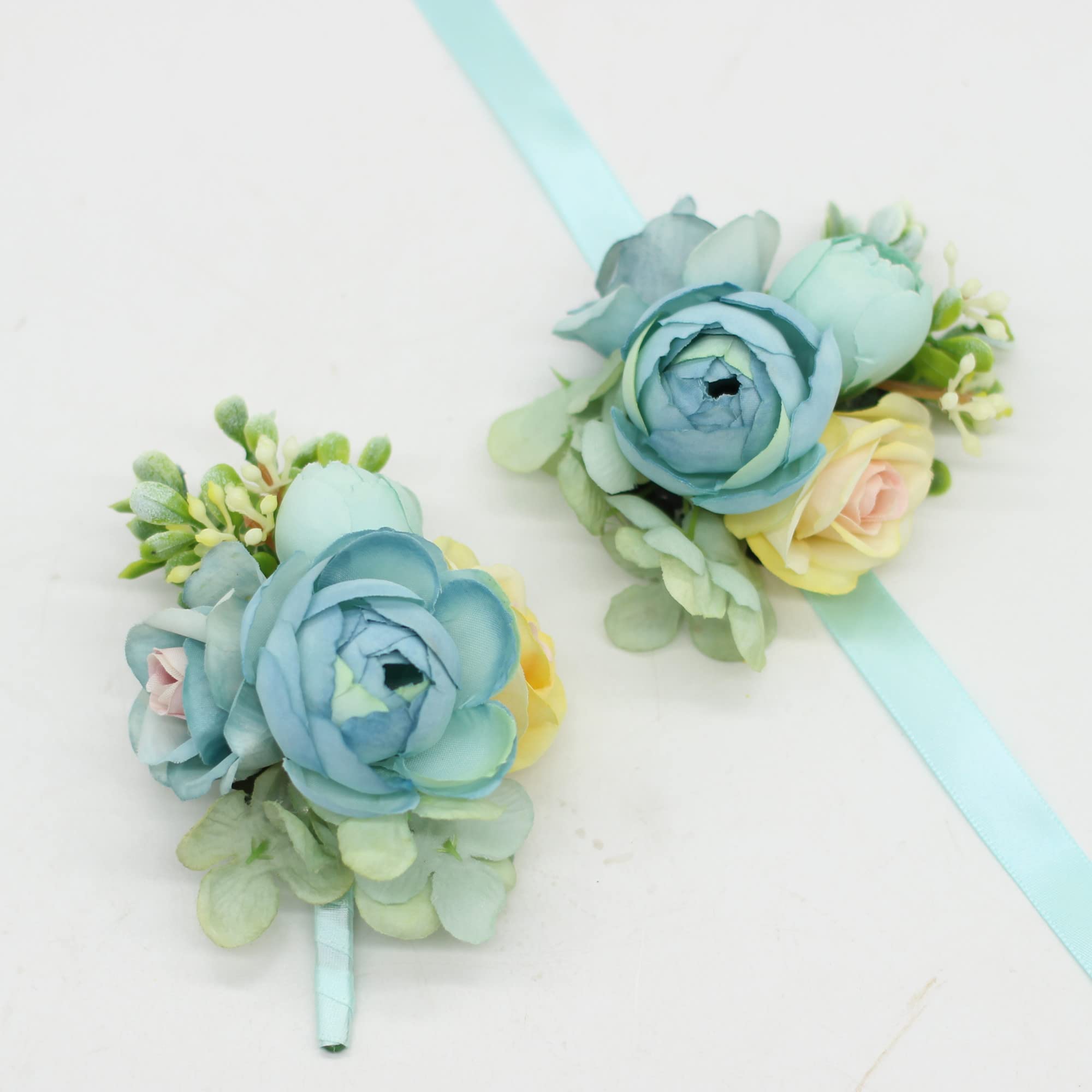 Muiltvoe Corsage and Boutonniere Set, Handmade Artificial Peony Rose Wrist Corsage Wristlet and Groom Boutonniere for Men Wedding Prom Suit Decorations