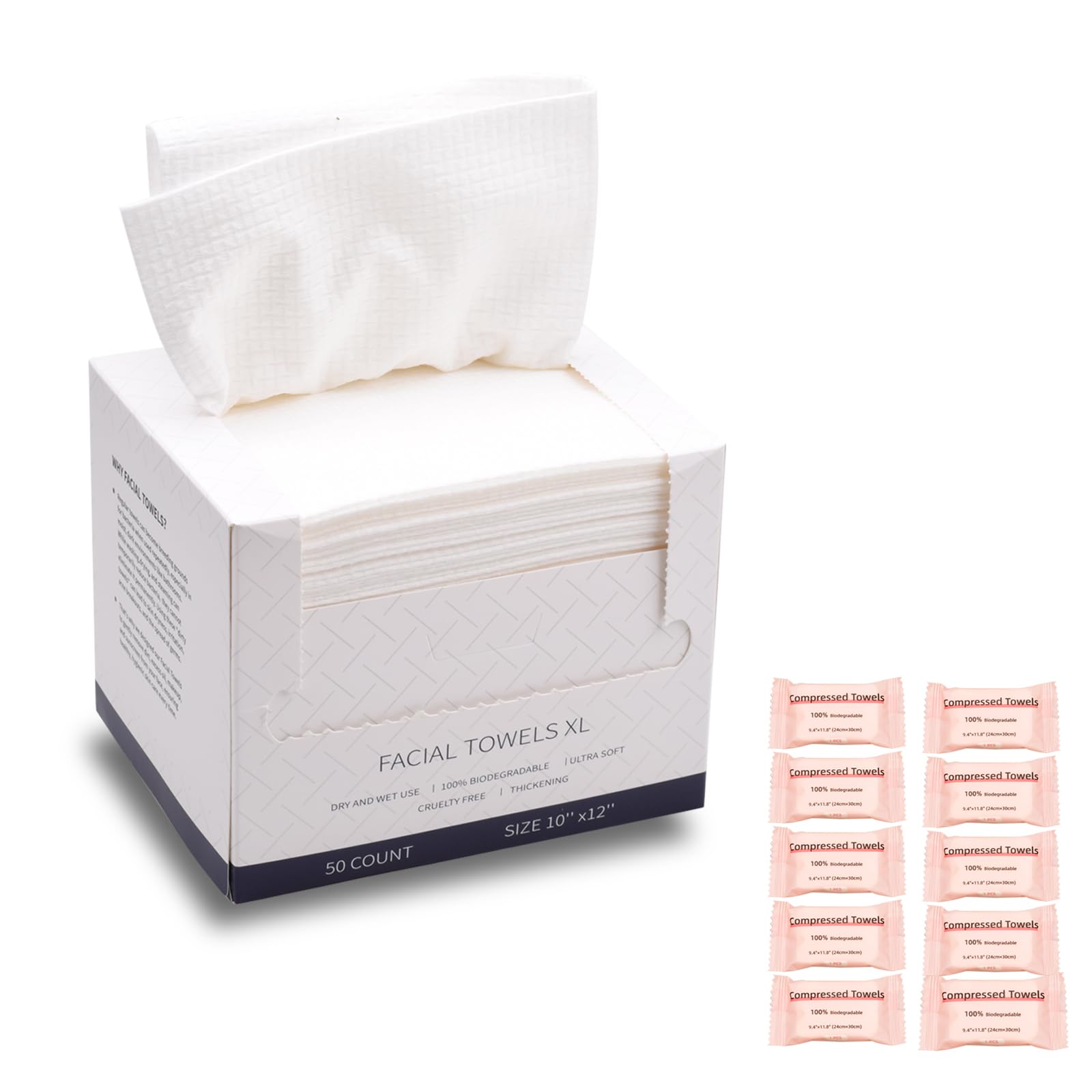 Disposable Face Towels for Face Washing, 50 Count, Extra Large 10 x 12 in, 80gsm Thick Dry Facial Towels, Includes 10 Compressed Facial Masks, Lint-Free, Soft C