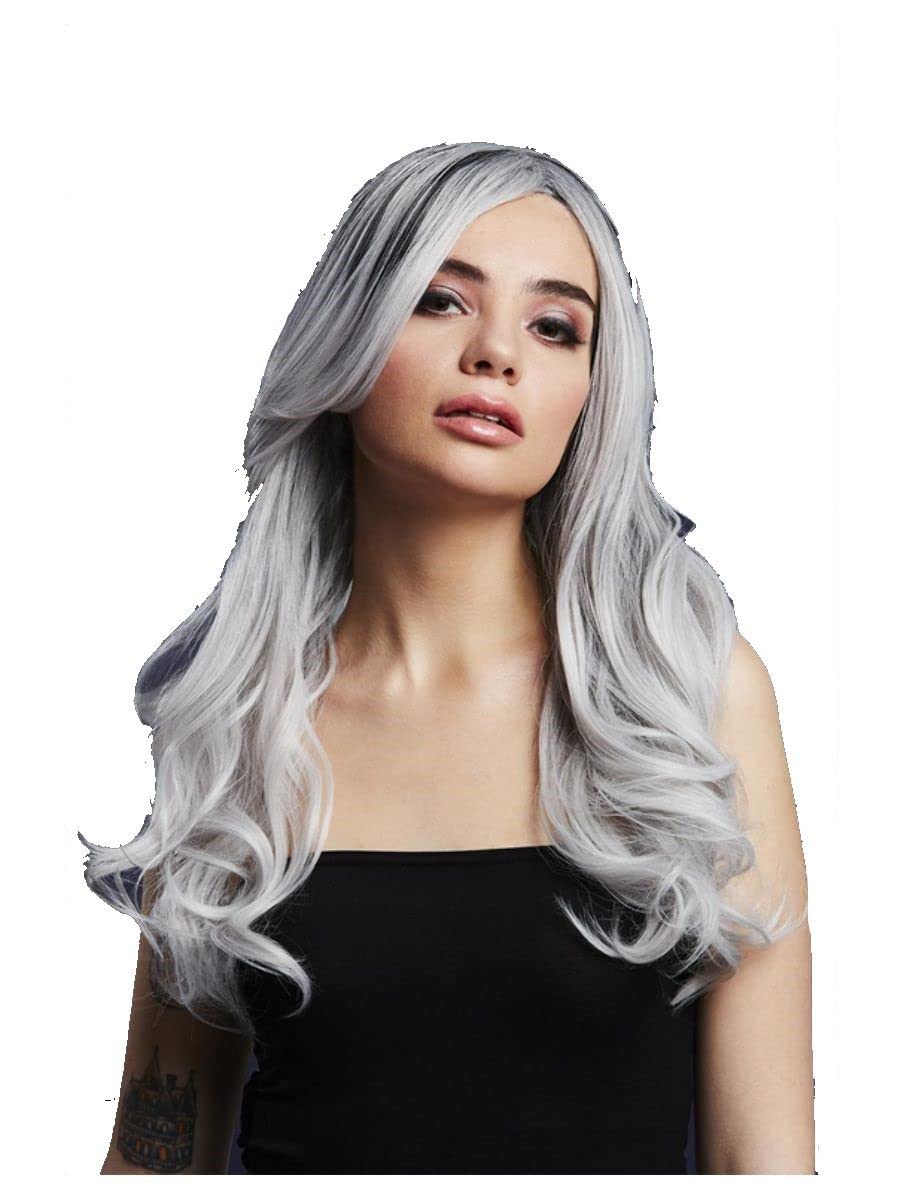 Smiffys Fever Khloe Wig, True Blend, Ice Silver Long Wave, Centre Parting, 56cm/22in, Fever Wigs Fancy Dress