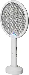 Raquete Elétrica Mata Mosquitos, Recarregável USB, com Luz UV, Base de Suporte, Dobrável, Bivolt, Cor Branca