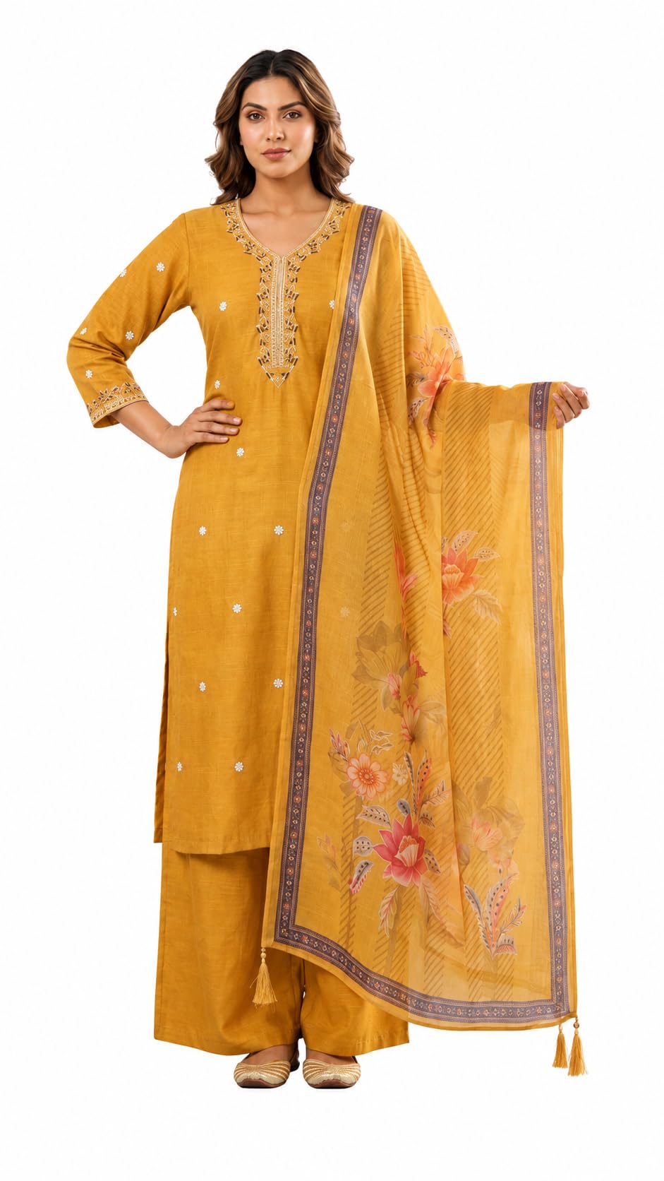 Floral Symphony Yellow Embroidered Suit Set | Kurta Set-image-20
