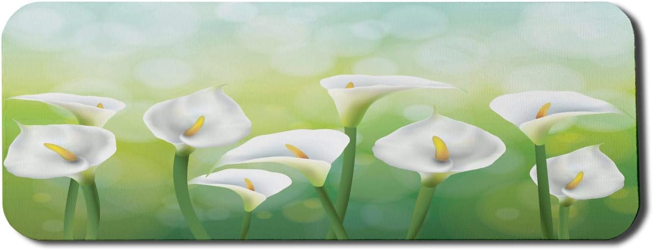 Lunarable Calla Lily Computer Mouse Pad, Illustration of Spring Seasonal Design Flowers on Green Background, Rectangle Non-Slip Rubber Mousepad Large, 31 x 12 Gaming Size, Green White Yellow