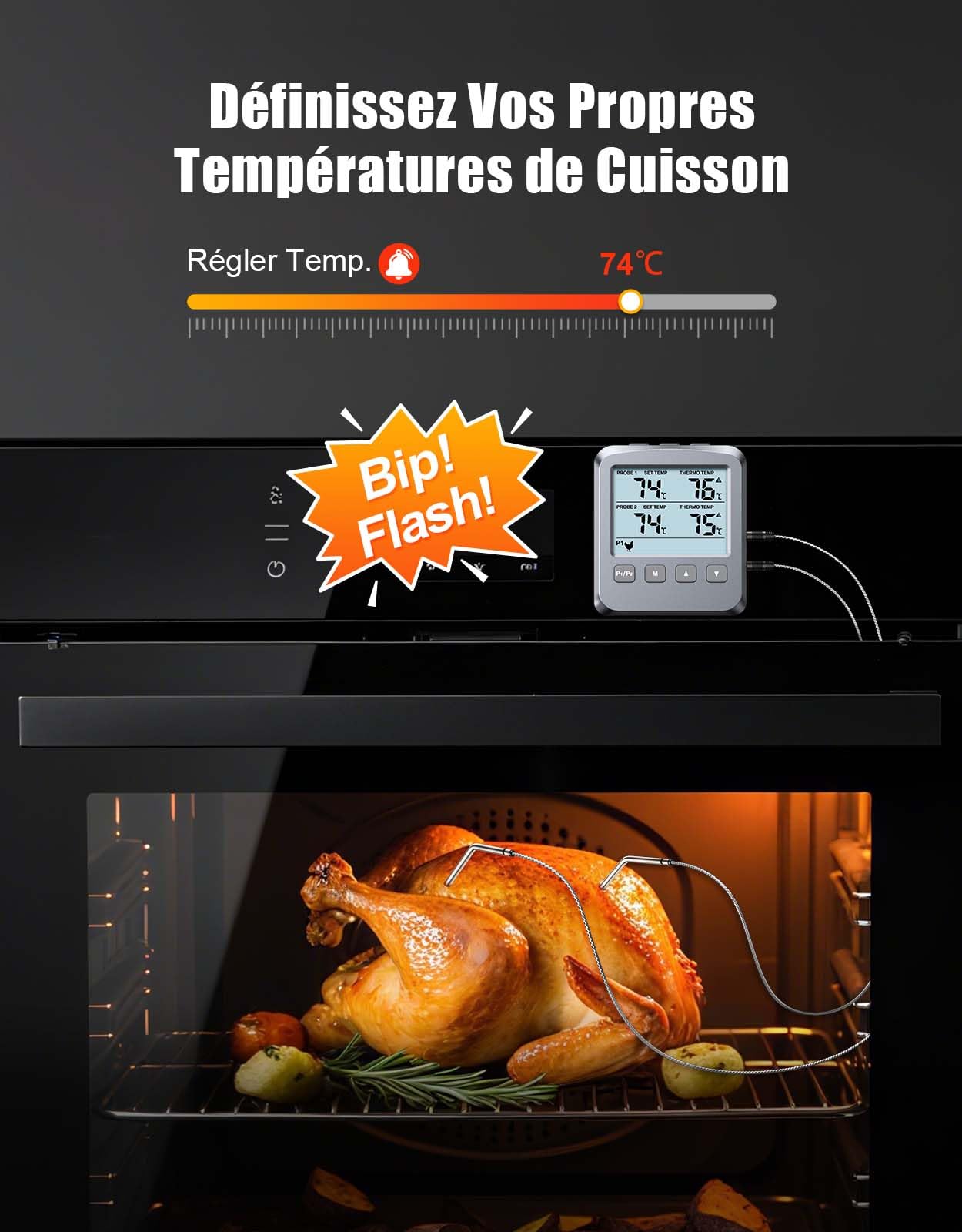 Thermomètre Cuisine Numérique Double Sonde avec Grand Écran LCD, Alarme et Lecture Rapide