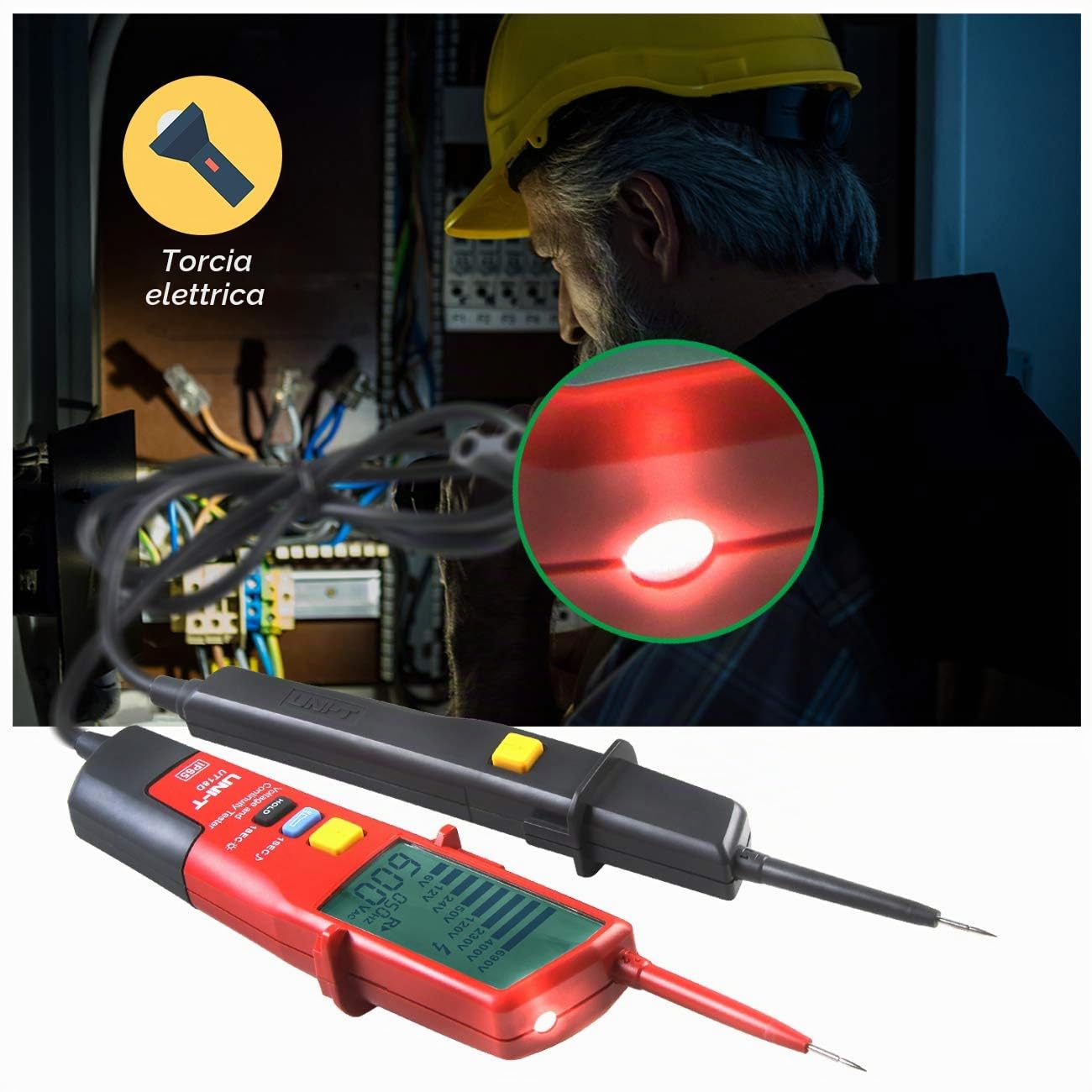 UNI-T UT18D Tester di Tensione e Continuità Impermeabile Tester Automatico della Tensione della Gamma con Prova RCD e Rotazione di Fase, Illuminazione Incorporata