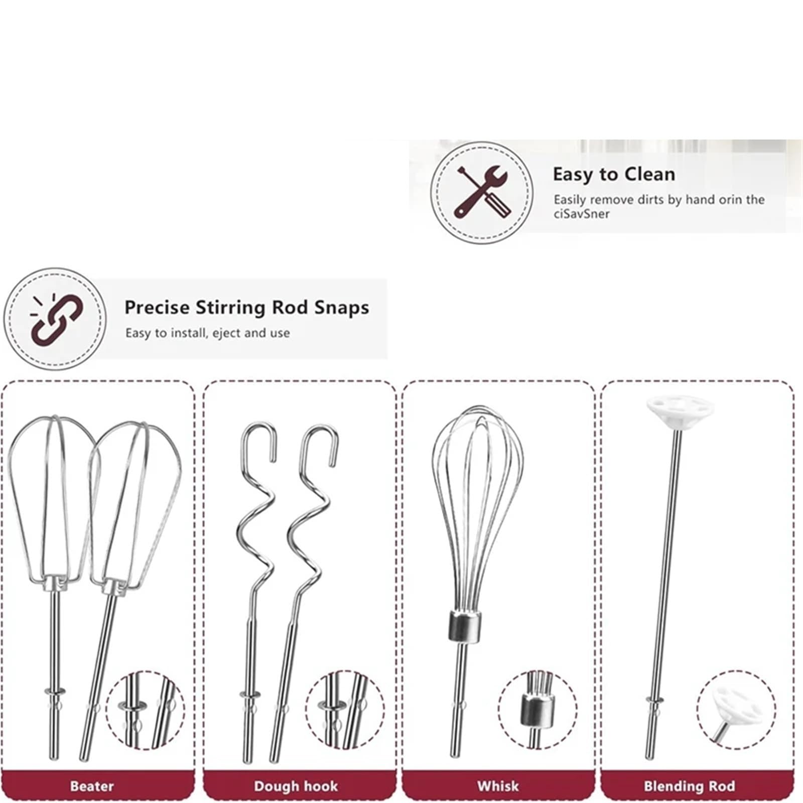 6 accessori for frullatore manuale frullino, frusta, asta for frullare e ganci for impastare, for in acciaio inossidabile for Kitchenaid per Salse, Impasto