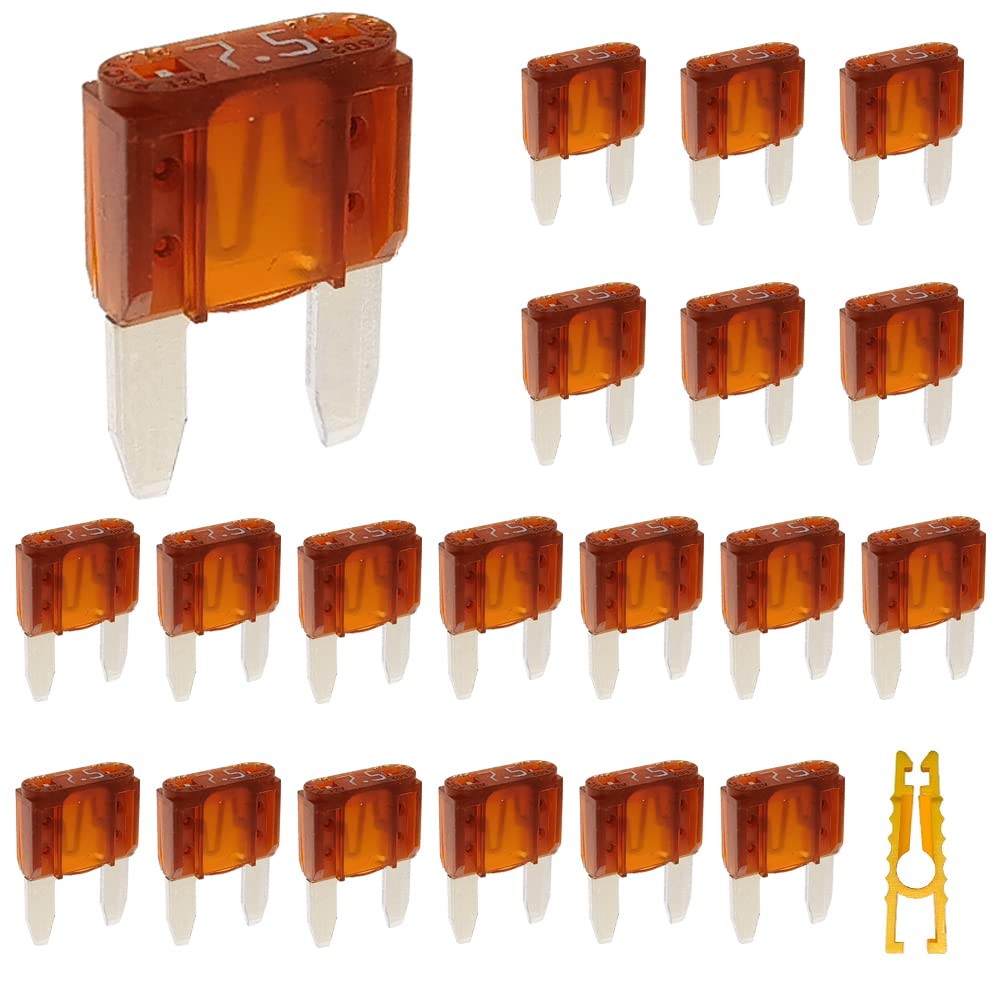 20pcs Mini Blade Fuse and 1 Fuse Puller 7.5A 32V Fast Blow for Replacement Fuses for Car/RV/Truck/Motorcycle/Boat (Mini 7.5 Amp)