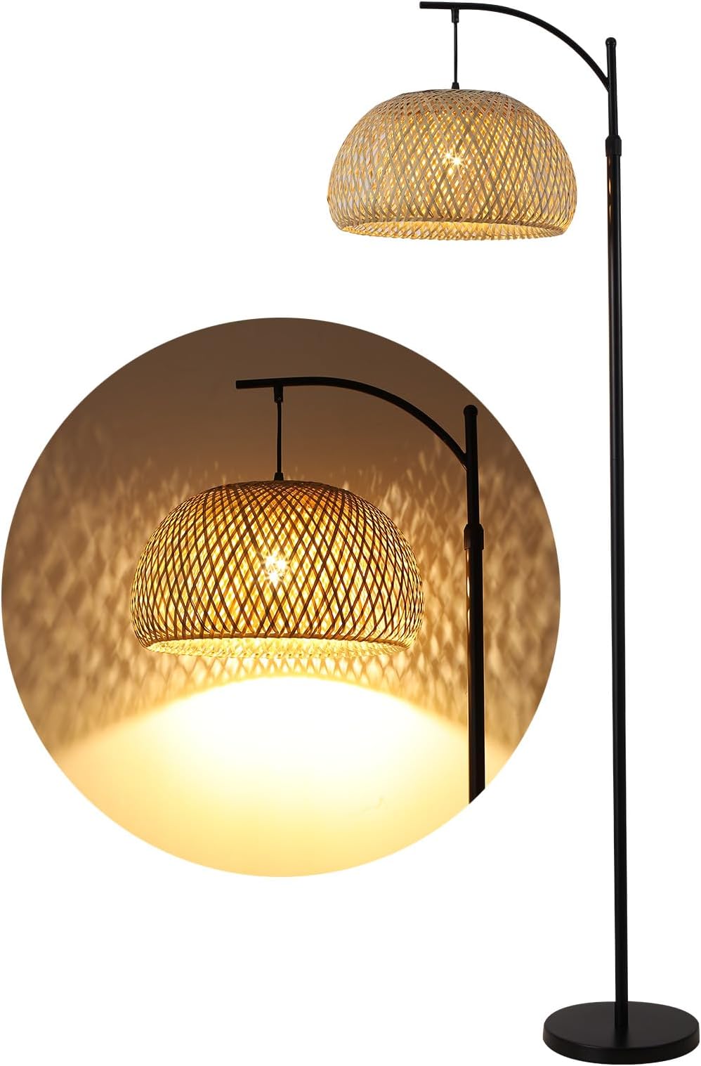 hooyi Arc Floor Lamp with Big Size Bamboo Rattan Shade, Boho Farmhouse Rustic Floor Lamps, for Living Room Bright Lighting/Bedroom/Home Decor(Bulbs not Include)