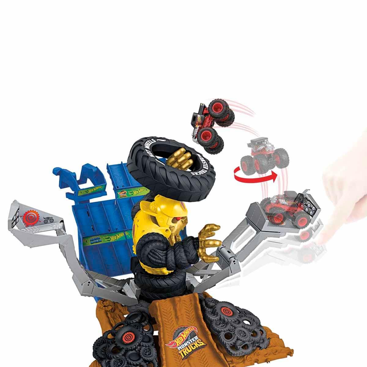 Hot Wheels Monster Trucks Arena Smashers – Arena Goryla Zestaw (Mega-Wrex w skali 1:64 vs Crushzilla, 2 samochodziki do „zmiażdżenia”), HPR47