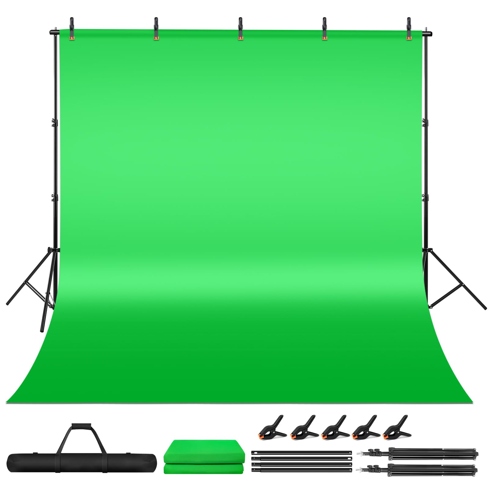 Green Screen Backdrop Kit, 6.5 x 10 Ft Portable Greenscreen Background with Stand, 5 Clamps & Carrying Bag for Photography, Streaming, Zoom, Gaming,