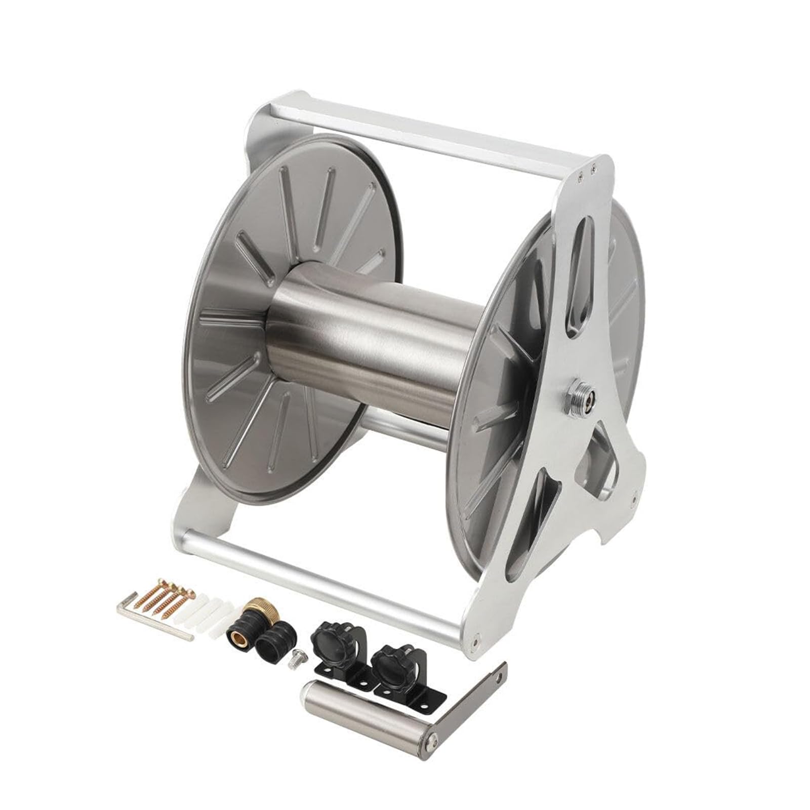 Kit de soporte para manguera de jardín, carrete de manguera de acero inoxidable montado en la pared con capacidad de 100 m, mango giratorio de 360° para almacenamiento de manguera de agua de césped en