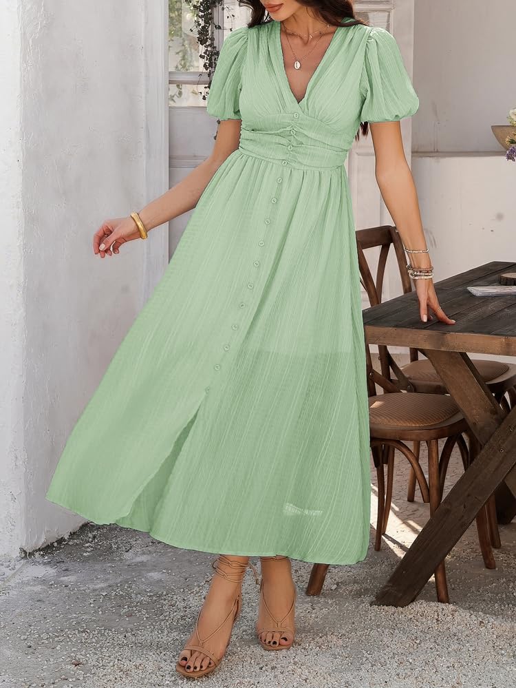 Image of Women Summer Casual Midi Dress Puff Sleeve V Neck Ruched Button Front Split Boho Beach Vacation Wedding Dresses 2026