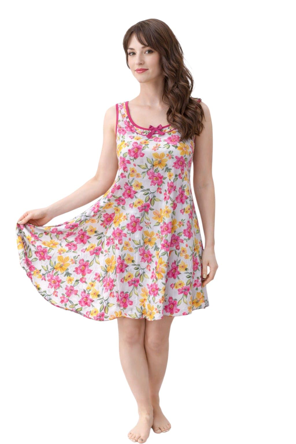 Women's Floral Print Sleeveless Nighty, White with Pink and Yellow Flowers, Bow Detail, Knee Length-picture-38