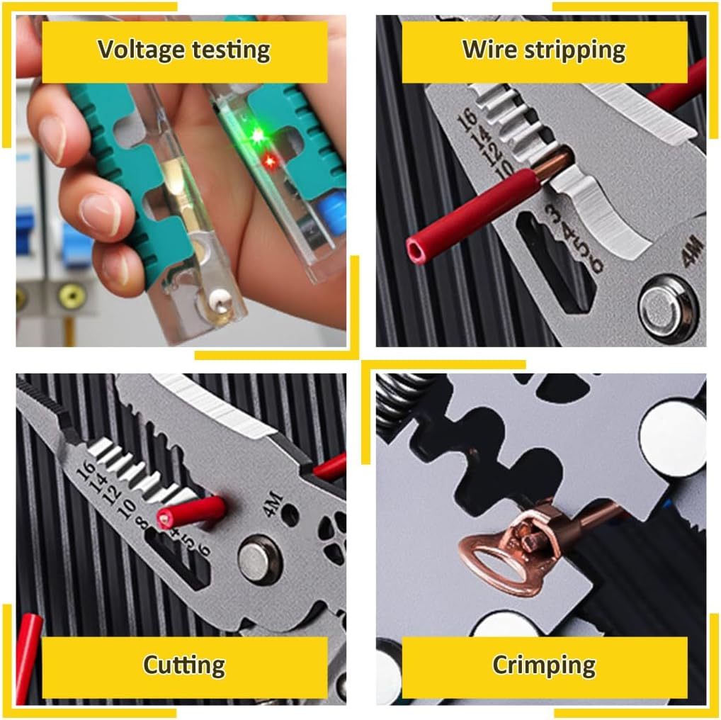 2Pcs Multifunctional Wire Stripper Tool with Voltage Tester, 8.5 Inch Foldable Wire Strippers Electrical with Cutter and Crimper, Electrician Tools Set