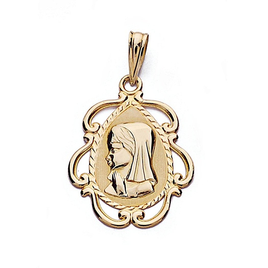 Medalla colgante oro 18k Virgen Niña 22mm. forma lágrima cerco formas calado centro liso