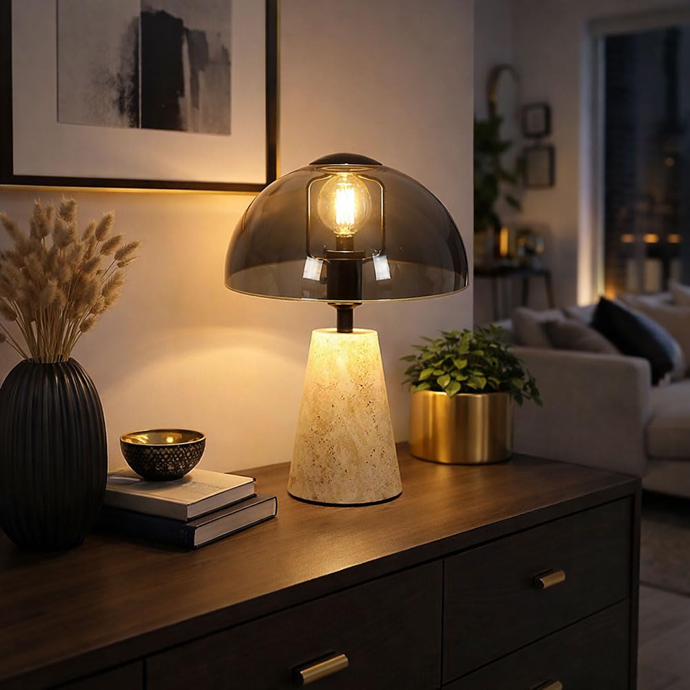 Tischlampe Travertine Stein grau Nachttischlampe Rauchglas Pilz Tischleuchte Wohnzimmerlampe, 1x E14, DxH 20 x 31 cm
