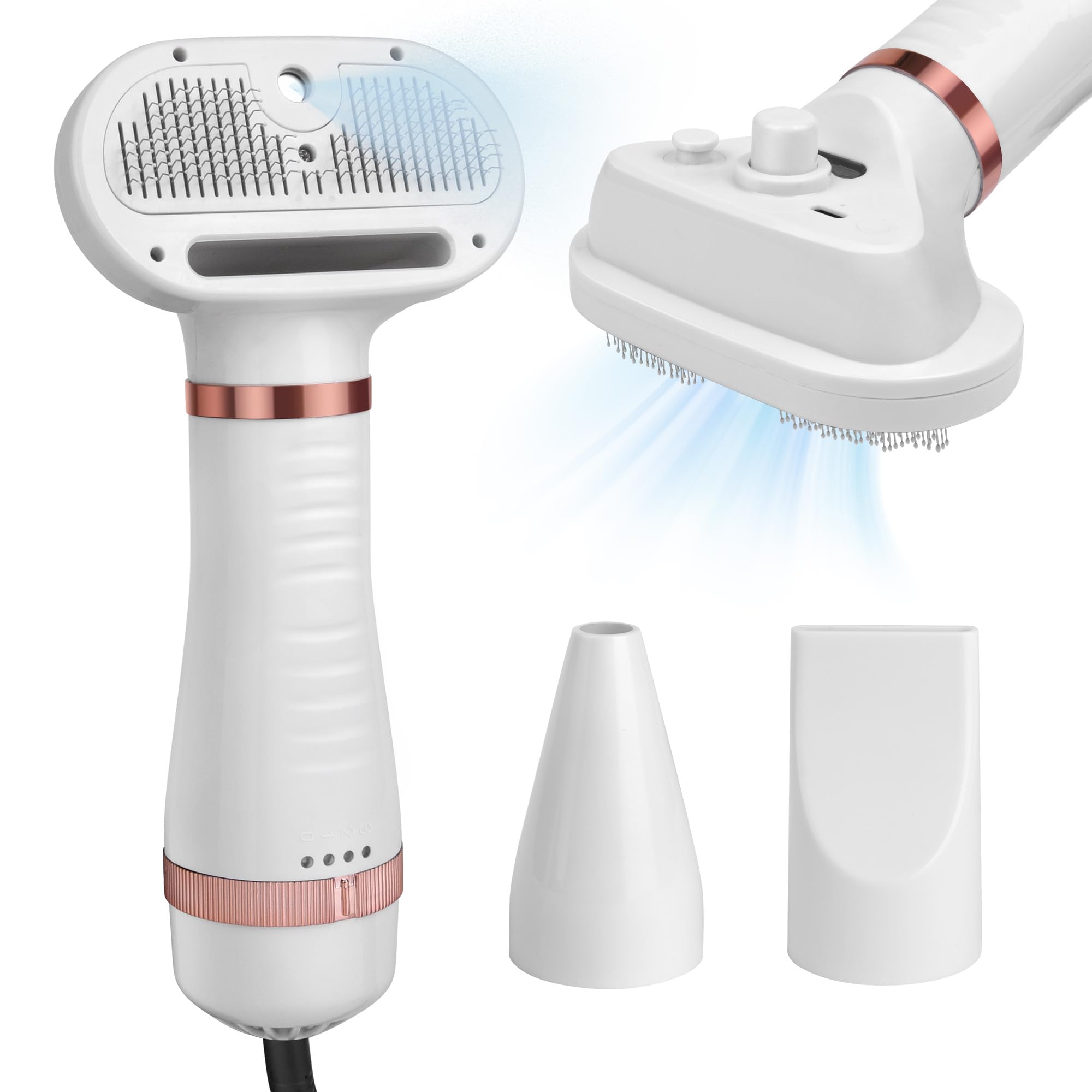 PetInn 3 en 1 Cepillo para Perros y Gatos, Secador de Pelo Silencioso con Temperatura Regulable, Cepillo para Mascotas con Vapor de Pelo Largo y Corto, Depilación con un Solo Botón