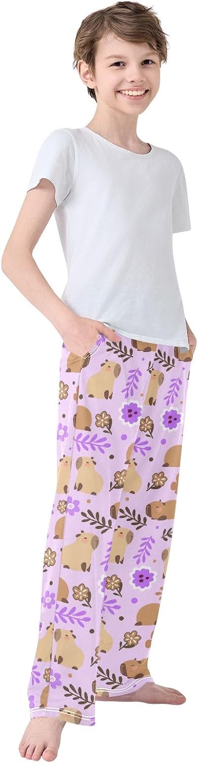 Purple Flowers Capybara Pajama Pants, Soft Sleepwear Lounge Pants Pajama Pj Bottoms for 6-14 Years - Image 7