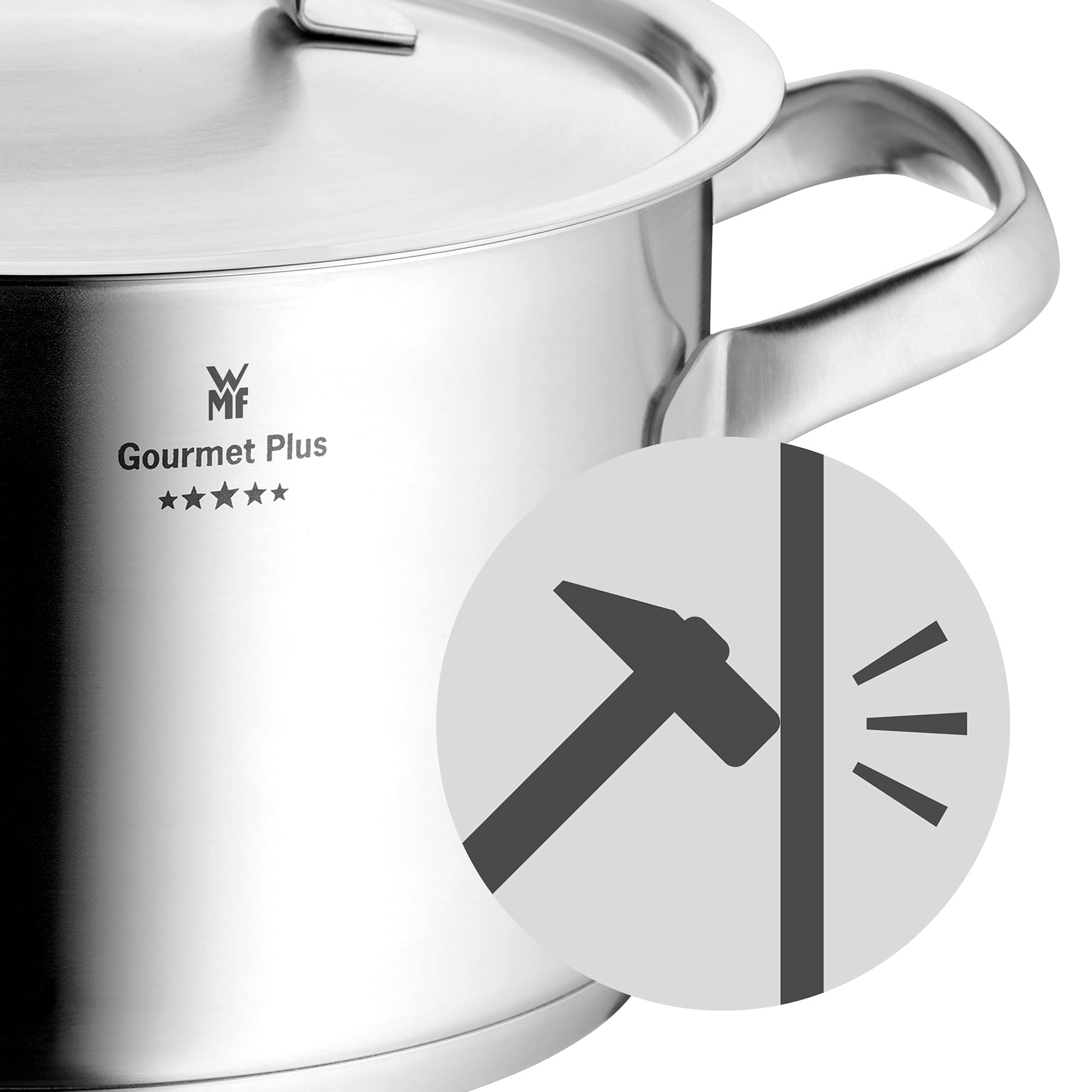 WMF Gourmet Plus Topfset Induktion 5-teilig, Kochtopf Set mit Metalldeckel, Cromargan Edelstahl mattiert, Induktions Töpfe Set unbeschichtet, Innenskalierung