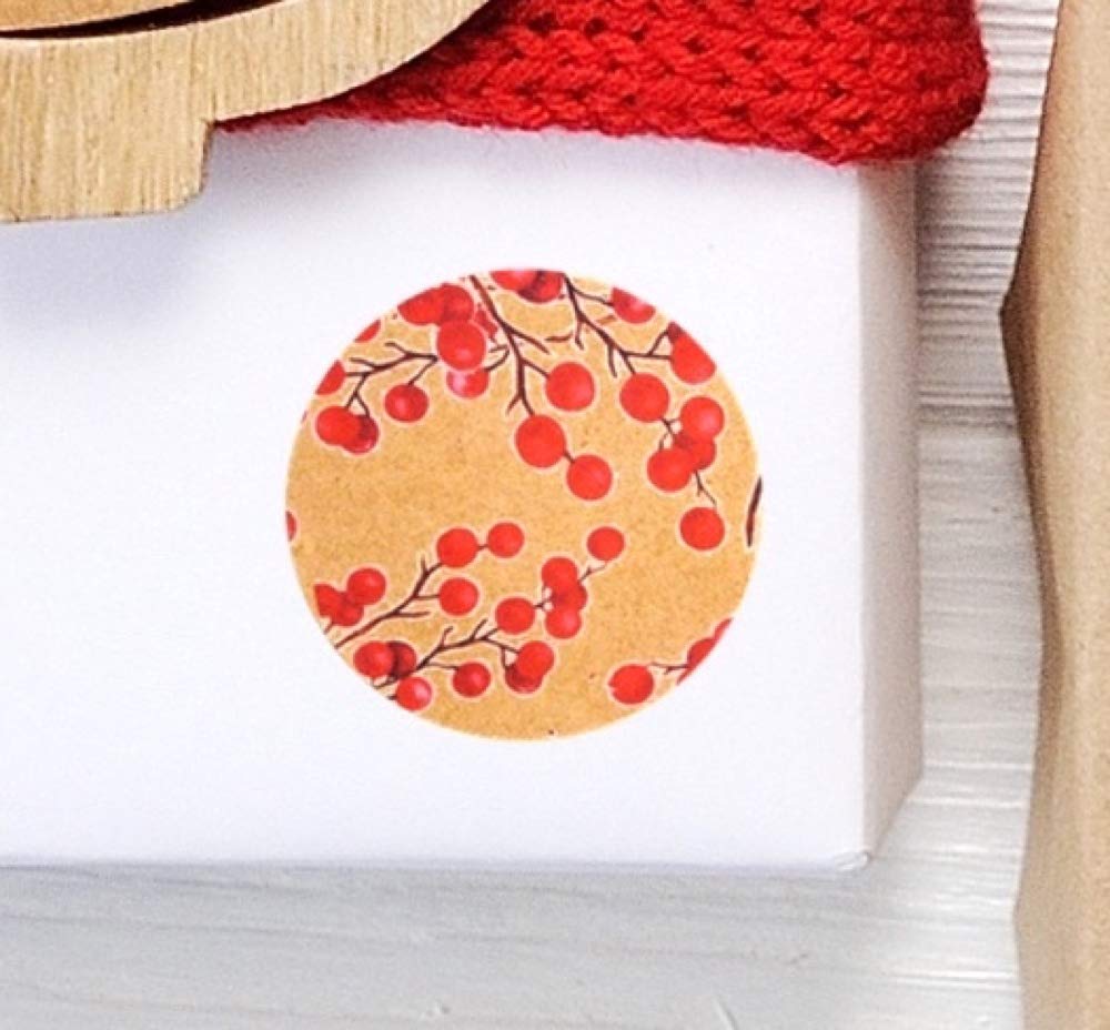 Christmas Stickers for Gift Wrapping, Christmas Paper, Kraft Brown & Red Berries, Set of 105