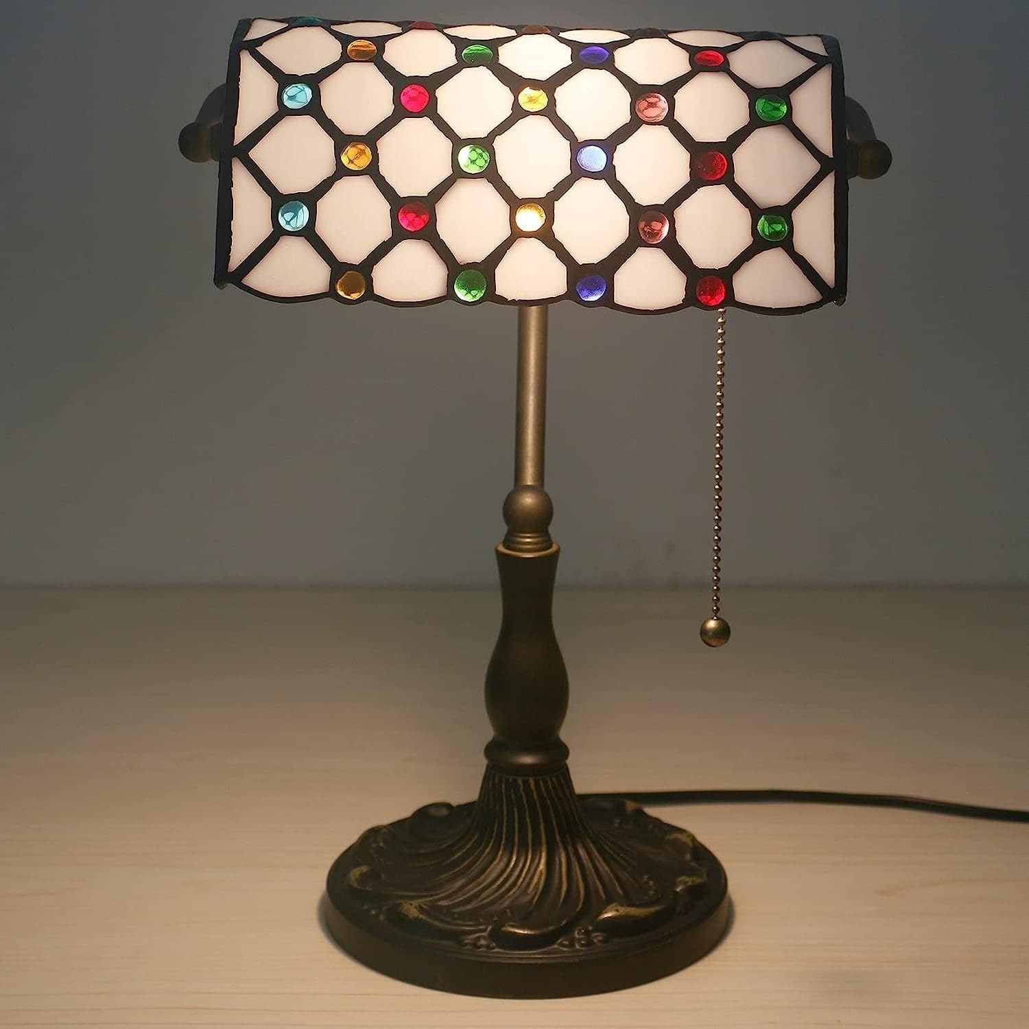 Bankier's Tischlampe, farbige Glaslampe, Kristallperlenschreibtischlampe, Schlafzimmer in der Nacht Leselampe (weißer farbenfroher Glasschatten) Innovate