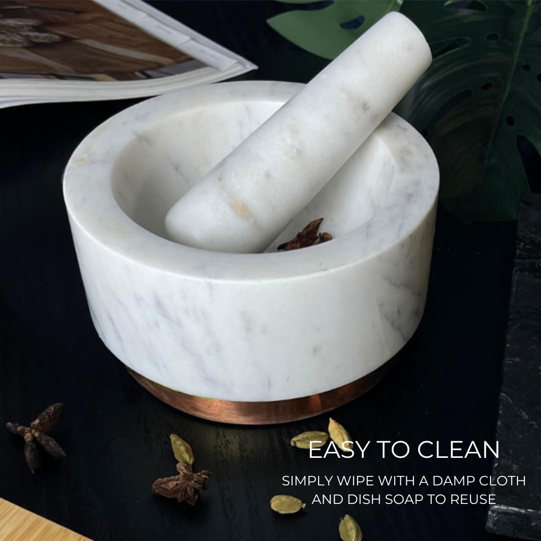 NIKITA White Marble Pestle and Mortar Set - Large Mortar and Pestle Set for Herb and Spice Crusher Kitchen Set - Heavy and Durable Stone Pestle and Mortar - Rose Gold - Image 4