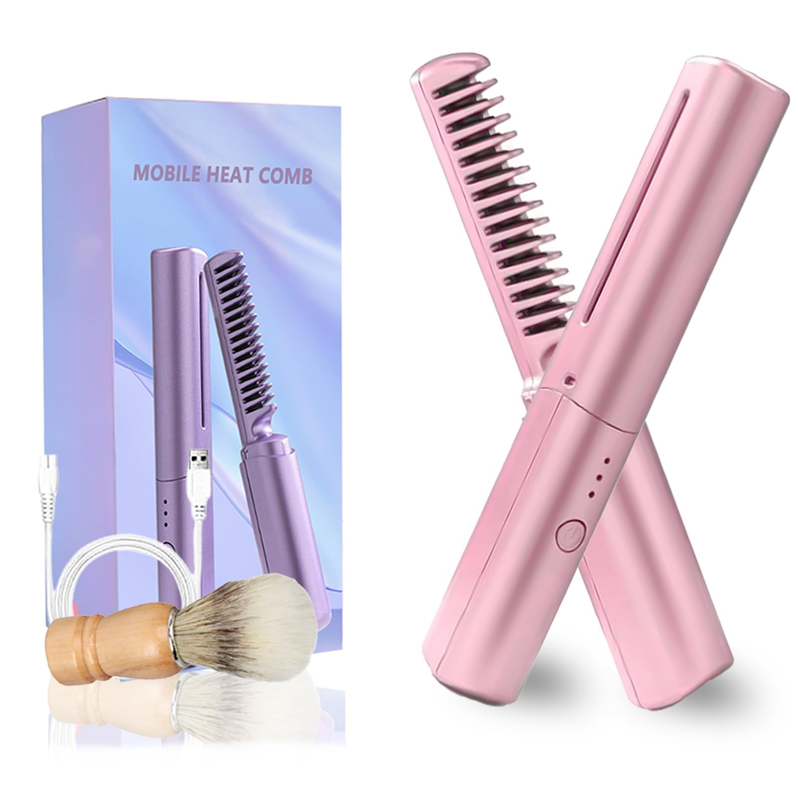 Latest Hairdressing Comb, Portable Ceramic Hair Dressing Comb with 3 Temp Settings, Rechargeable Mini Dual Purpose Curling Iron, Cordless 2-in-1