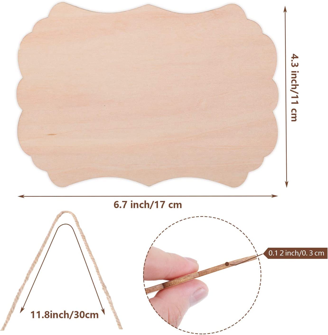 12 kleine unlackierte Holzbretter, 6 Formen von leeren Holzschildern, Holzschilder mit Seilen zum Aufhängen für Bastelarbeiten, Malerei und Weihnachtsdekoration