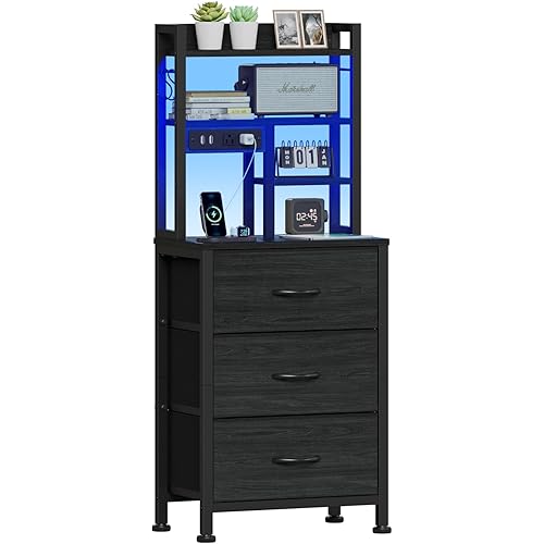 Furnulem Tall Night Stand with 3 Fabric Drawers and LED Lights, Nightstand with Bookshelf, 45.3inch Tall Bedside Tables with USB Ports in Bedroom, Dorm, Office,Metal Frame, Wood Shelves (Black Oak)