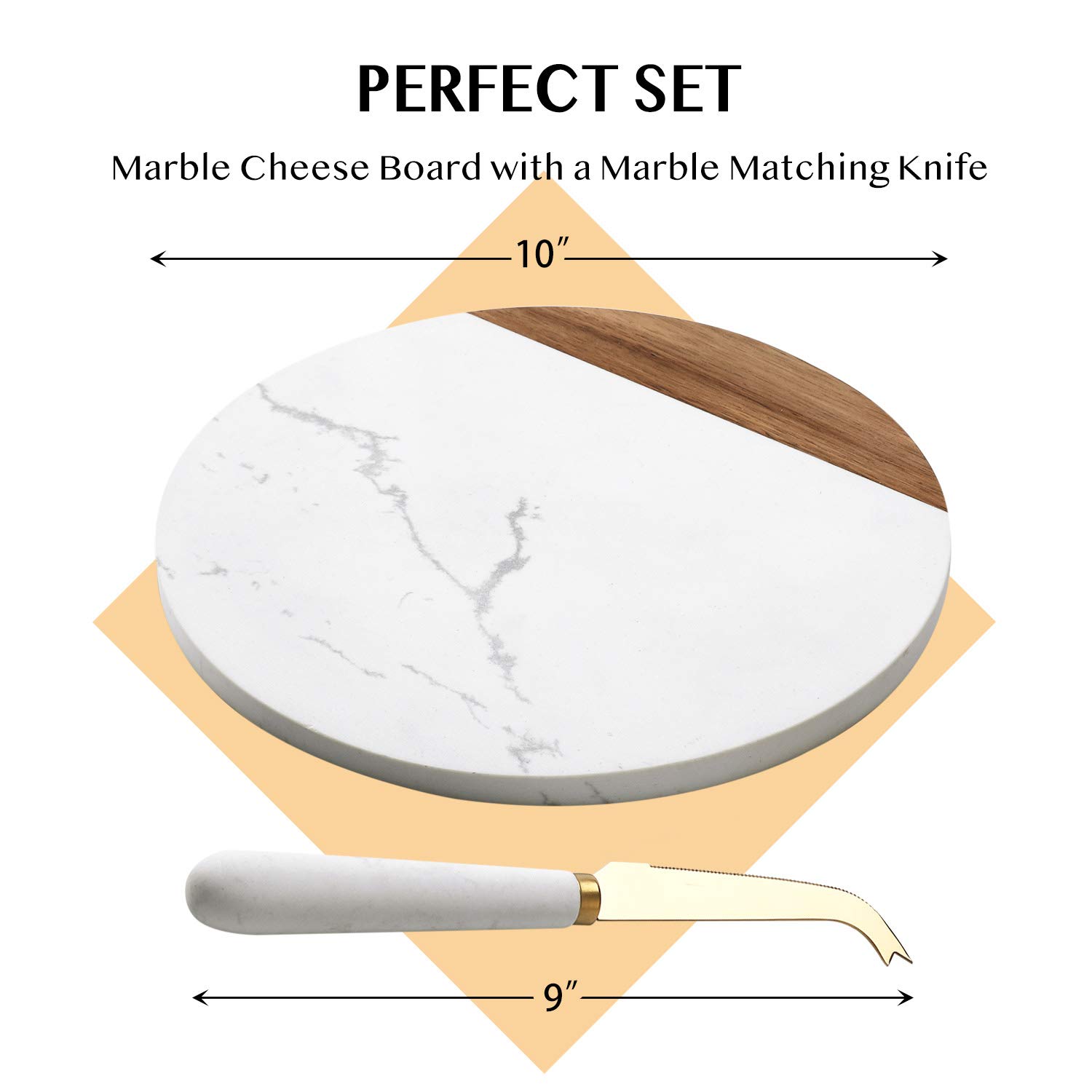 VUDECO White Marble and Acacia Wooden Cheese Board & Knife Set Marble