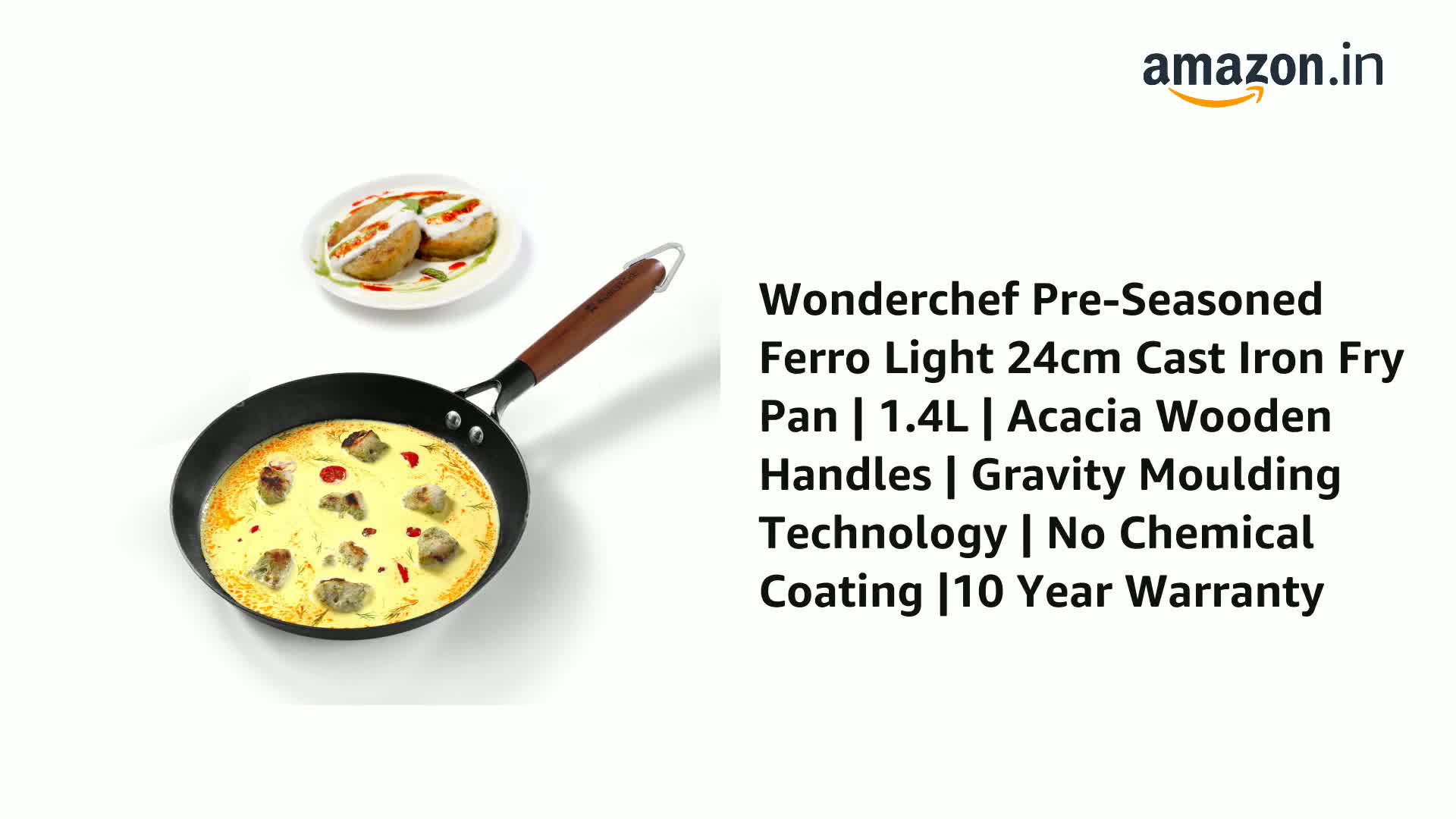 Wonderchef Ferro Light 24cm Grill Pan – Pre-Seasoned Cast Iron, 2.5mm Thick, Acacia Wood Handle, Gravity Moulding Tech