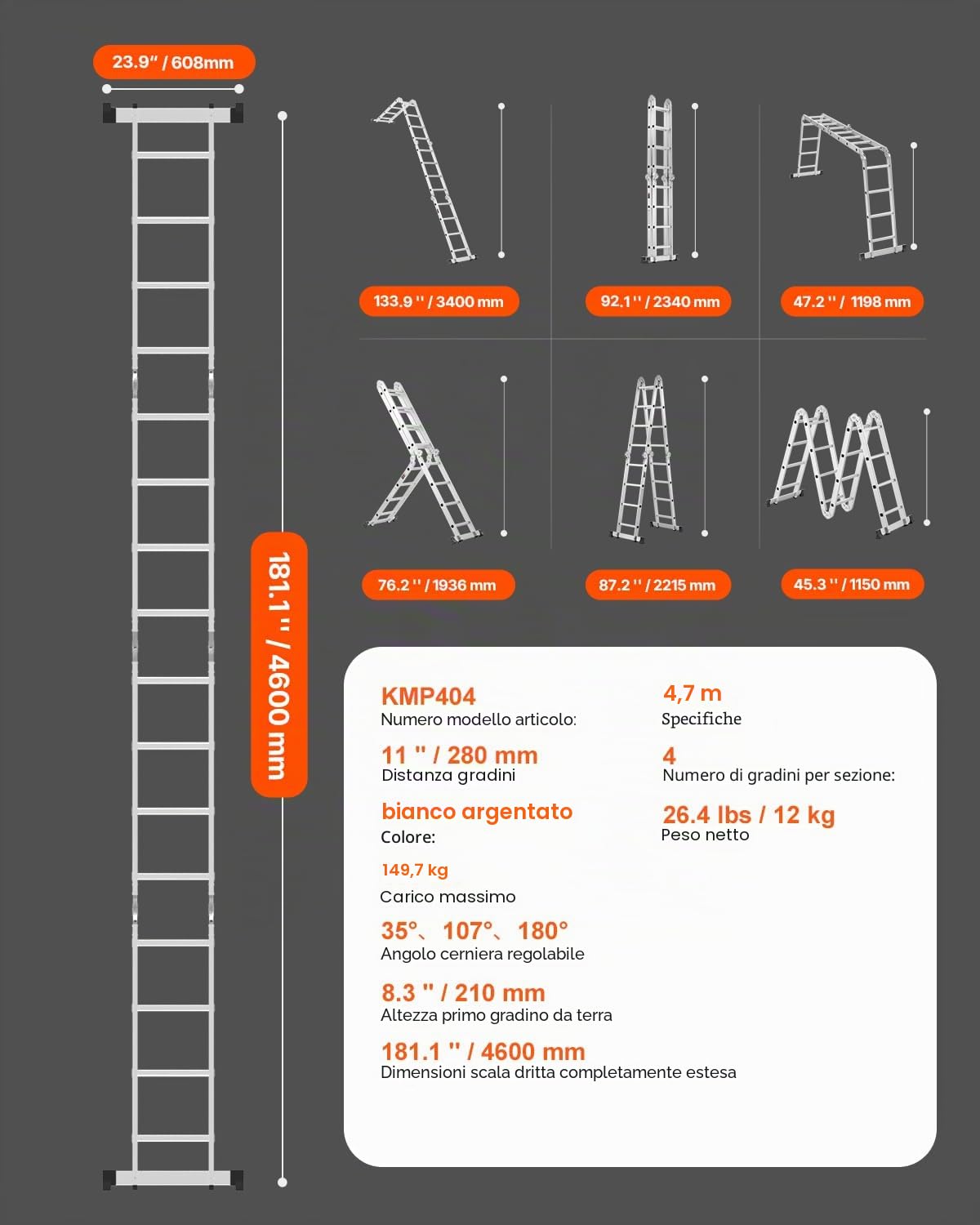 VEVOR Scala Pieghevole Multiuso, Scala Telescopica Regolabile 4 Gradini con Struttura ad A, Scala Estensibile per Impieghi Gravosi con Altezza 4,7 m Capacità 149,7 kg per Lavori Domestici all'Aperto