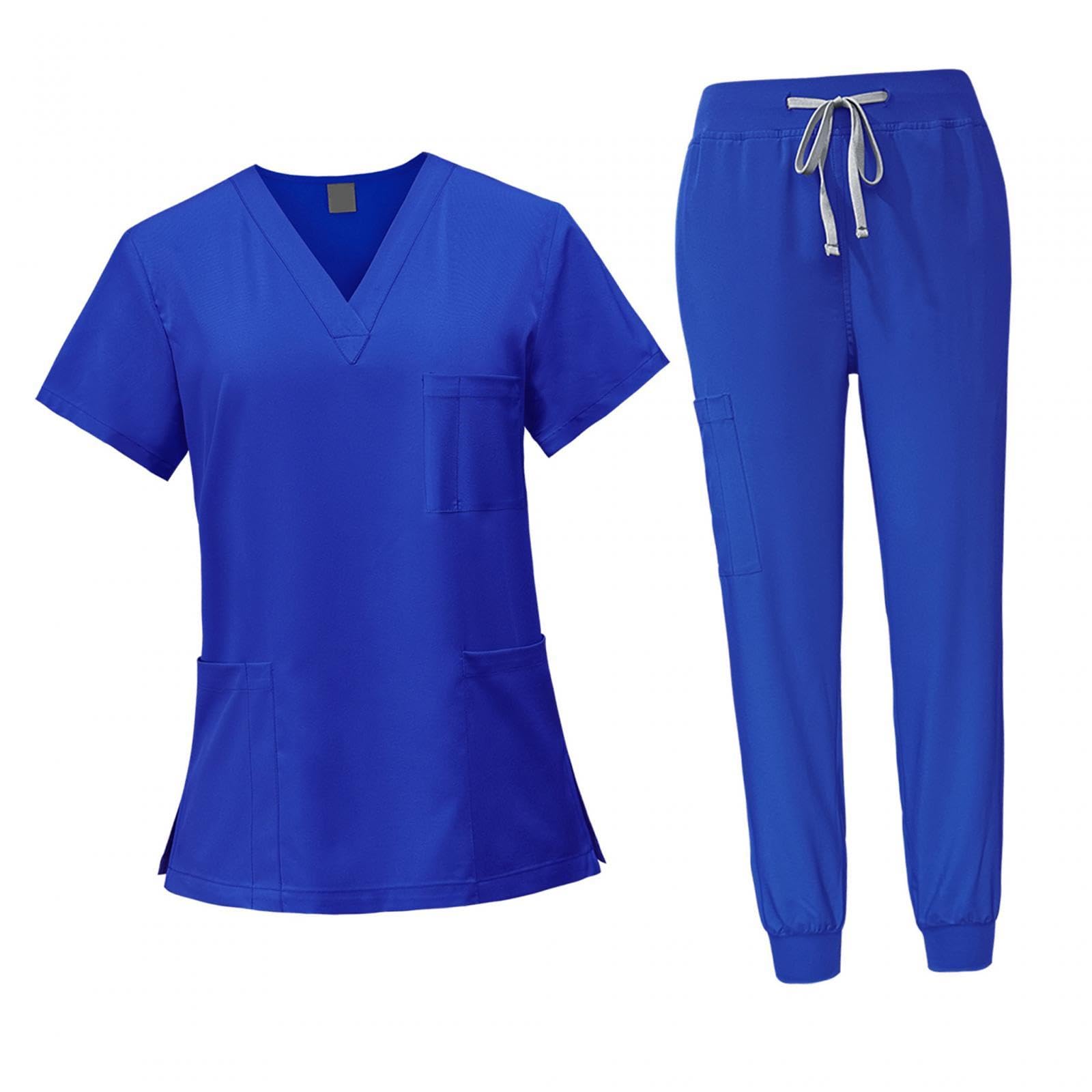 LOVIVER Female Scrub Set Nurse Workwear V Neckline Professional Machine Washable Top and Joggers Pant Work Clothing for Beauty Center, Royal Blue, M