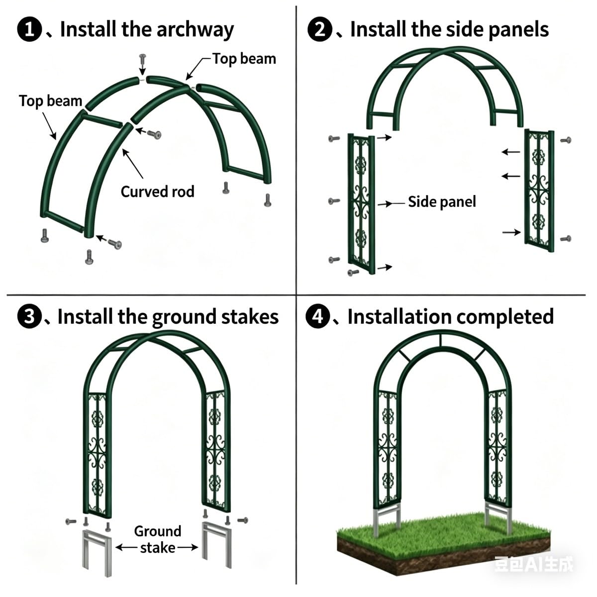 Ozdobny Łuk Ogrodowy Metalowy, Pergola Wbijana W Ziemię Na Róże I Pnącza, Stabilna Podpora Do Roślin Z Ornamentami, 140cm 180cm 220cm 260cm 300cm 340cm(Zielony,300cm X 230cm)