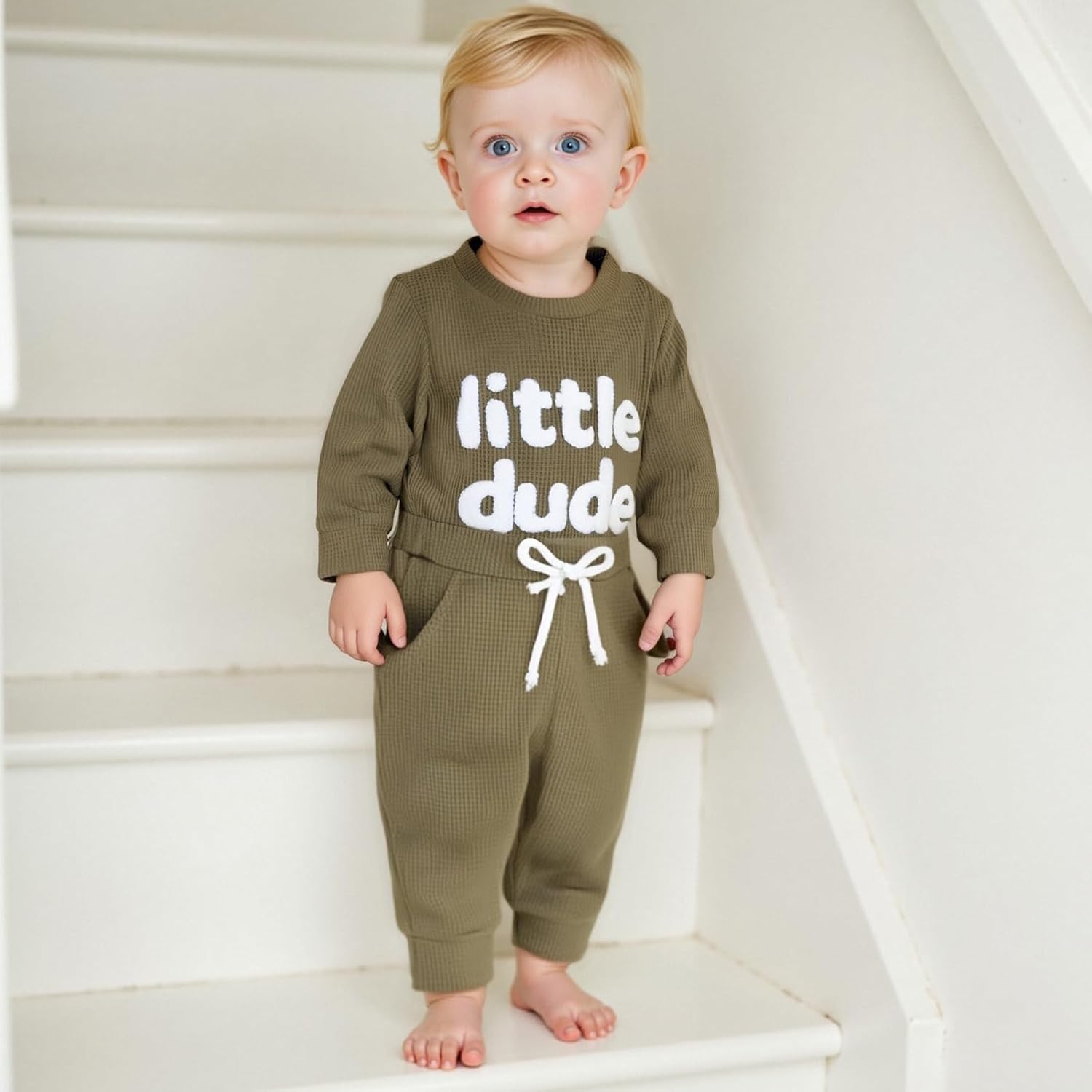 ZAXARRA Newborn Boy Clothes Mama Boy Embroidered Long Sleeve Romper Waffle Ribbed Pants Set Baby Fall Winter Outfit - Image 3