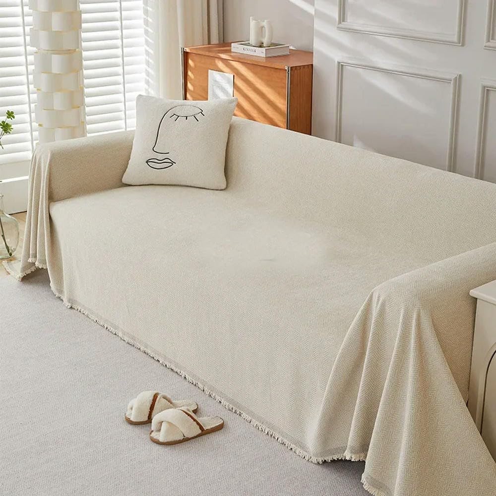 VIXDA Couch Cover Chenille Sofa Covers with Elegant Fringe Herringbone Texture Heavyweight Cozy Blanket for Couch Bed Decor