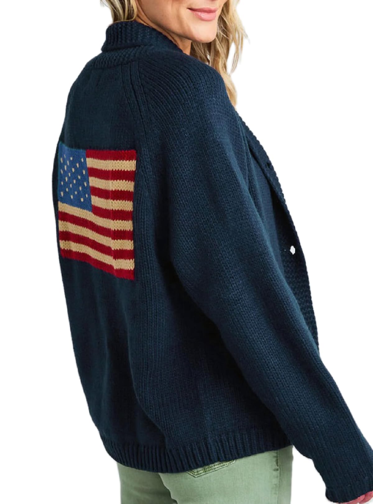 American Flag Knit Sweater Cardigan for Women USA Flag Star Stripe Print Open Front Vintage Knitwear Cardigans