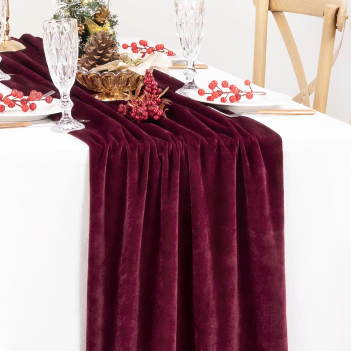 Velvet Table Runner 10ft Luxury Wrinkle Resistant Velvet Fabric, Burgundy