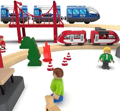 Miniatura 3 de Juego de pistas de tren de madera con pilas, juguete de alta velocidad para niños de 3, 4, 5 años, acoplamientos magnéticos para niños y niñas,