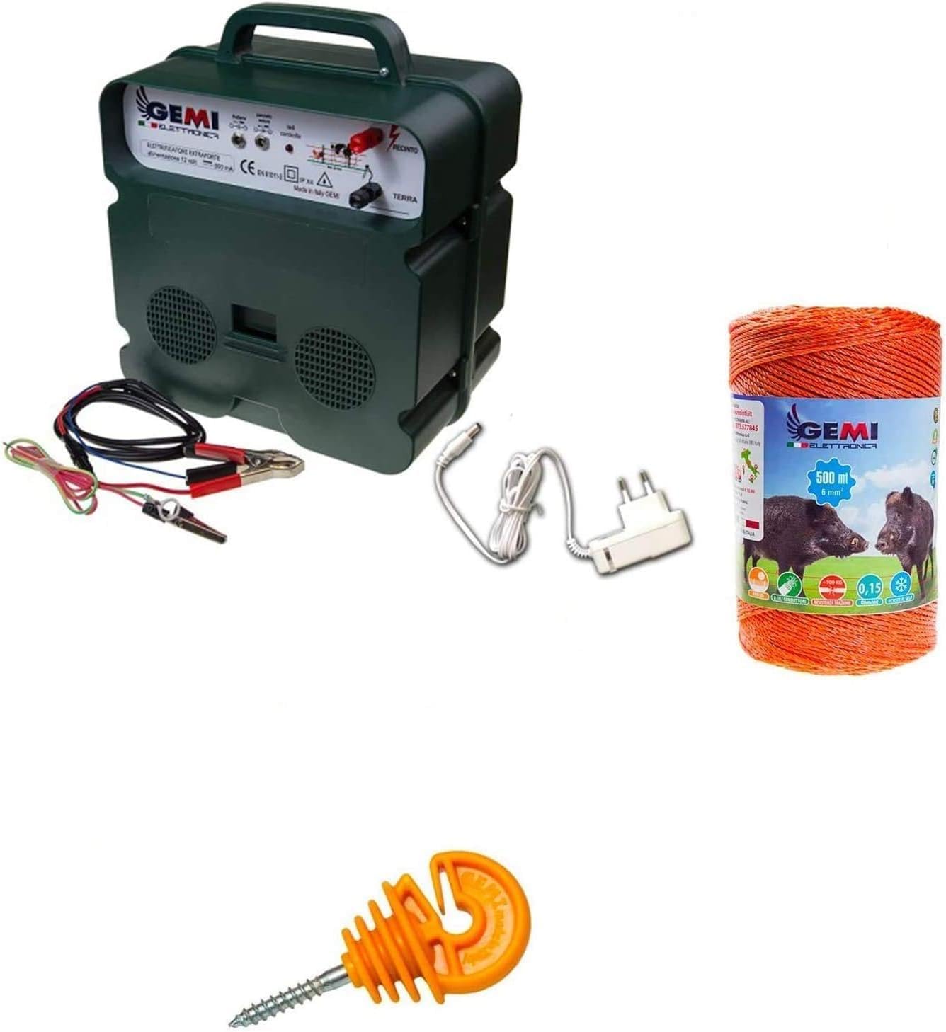 Pastor Eléctrico Cercas Eléctrica : 1 Electrificadores 12V / 220 V + 1 hilo canductores 500 mt 6 mm² + 100 Aisladores para postes de madera - Valla Eléctrica para animales jabalí caballos cerdos