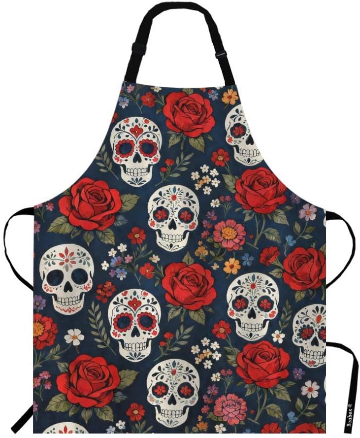 Sugar Skull Chef Apron 27 X 31 Inch Day of The Dead Sugar Skull with Floral Non-Pilling Bib Aprons for BBQ Grilling Gardening with Adjustable Neck Strap