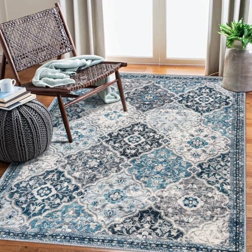 KILOCOCO 4x6 Moroccan Super Soft Area Rug, Vintage Floral Washable Living Room Rug, Print Faux Wool Indoor Non-Slip Accent Entryway Rug for Laundry Playroom Office, Blue/Multi